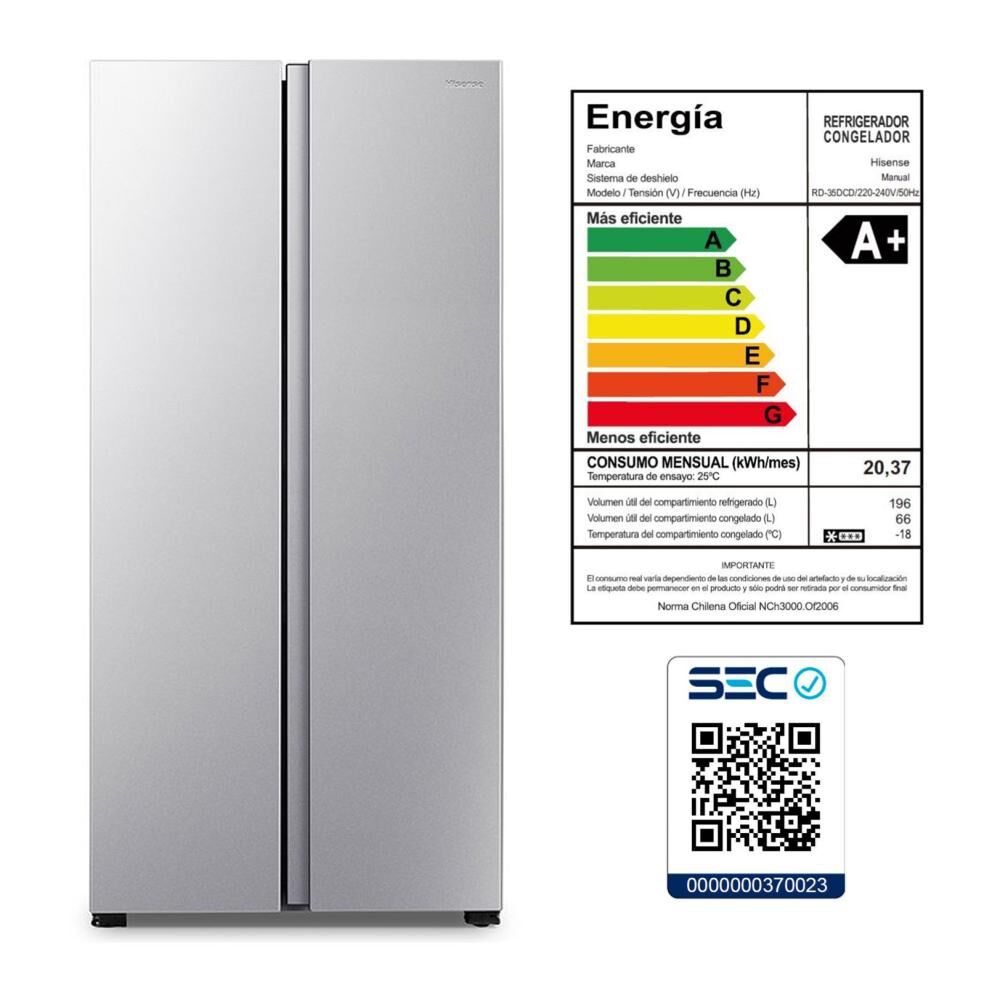 Refrigerador Side by Side Hisense RC-56WS / No Frost / 428 Litros / A+ image number 10.0